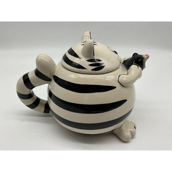 Pier 1 Imports Teapot Chubby Black & White Striped Cat Holding a Mouse as Spout - Picture 12 of 16